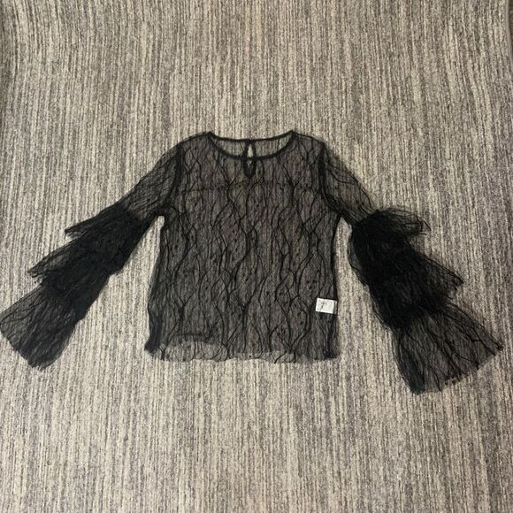 Womens Size Large Sheer Lace Blouse Black‎ Tiered Ruffle Sleeves Romantic Goth - Picture 1 of 6